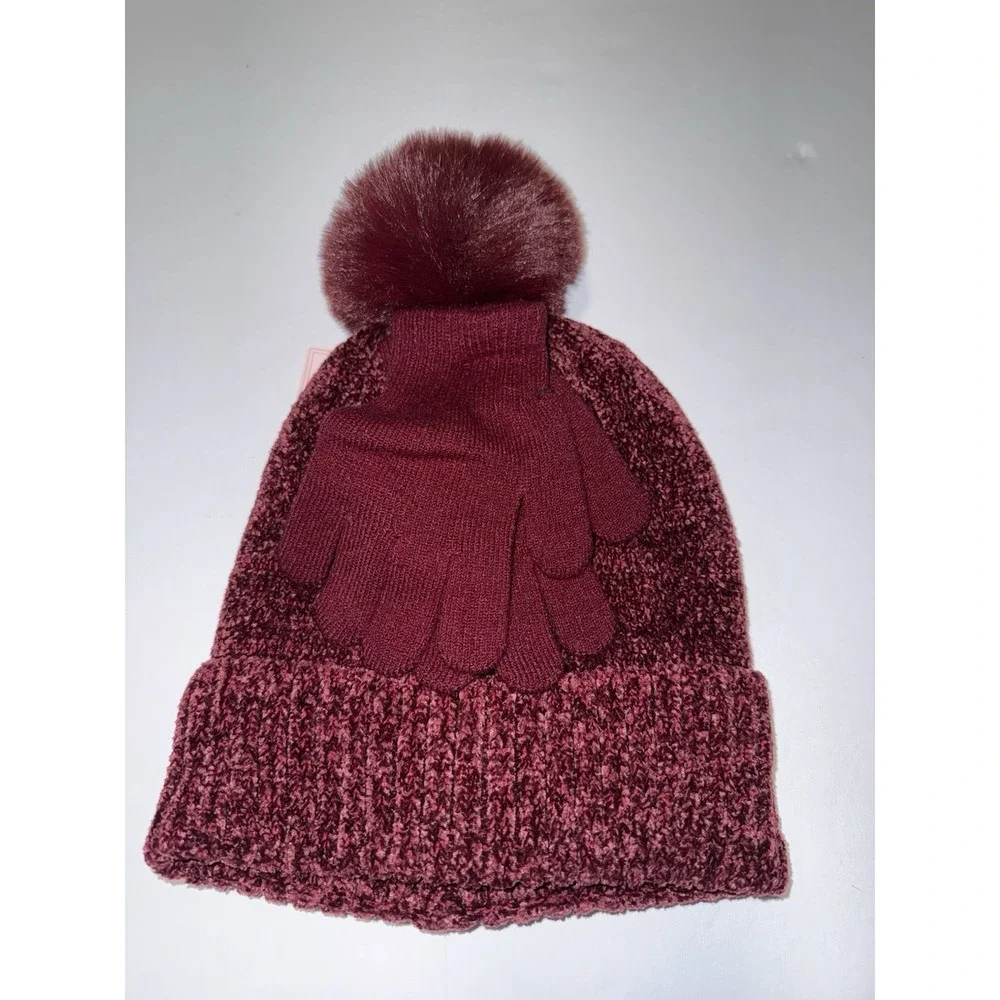 Ava Olivia Girls Chenille Beanie Hat Faux Fur Pom Pom Burgundy Gloves Cold NWT